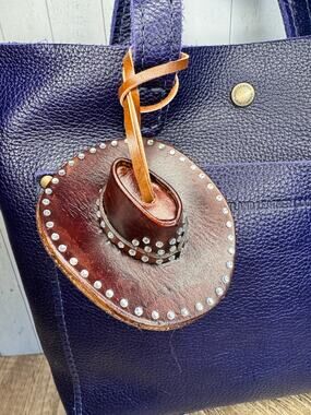 Western Leather Purse Charm Large Dark Brown Cowboy Hat Sparkly Bag Charm